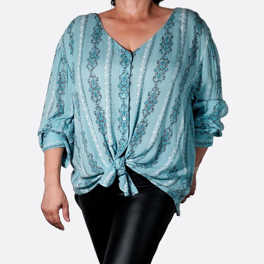 Style & Co Boho Medallion Blouse Turquoise Roll Tab Button Down Plus 1X 2X 3X